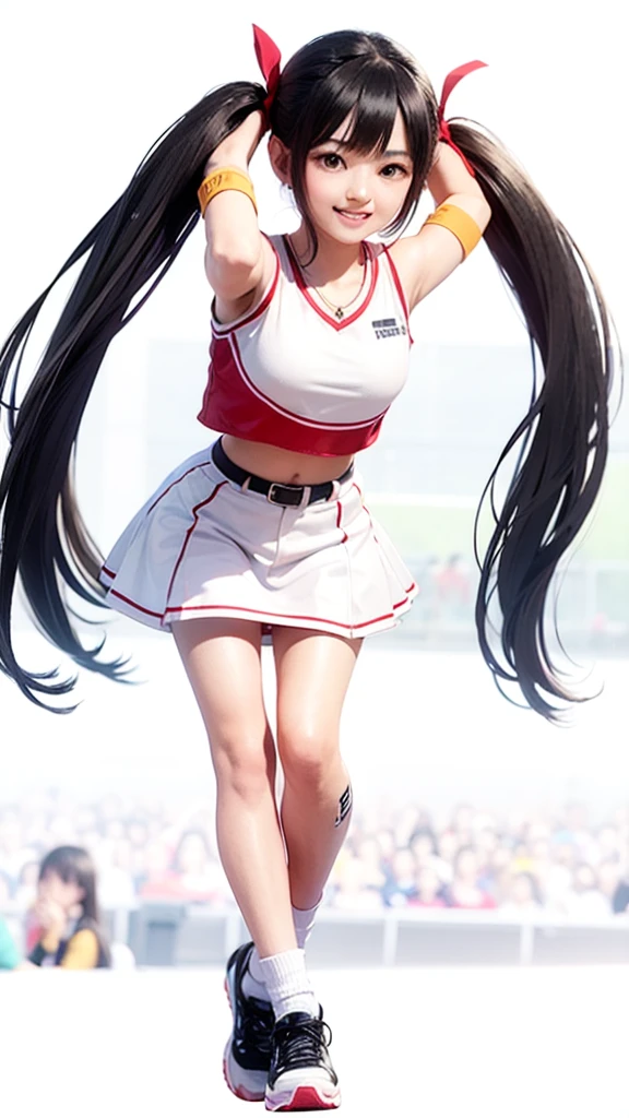 Black hair in twin tails, cheer leading, Big ribbon, Friendship Bracelets, Baseball field in the background, Facing the audience, A kind smile, Dynamic Movement