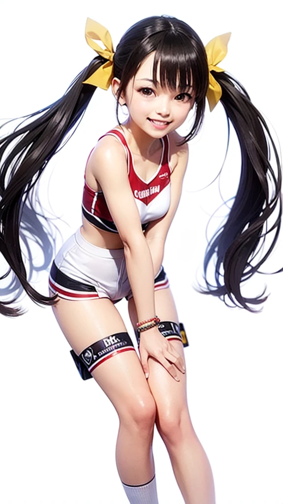 Black hair in twin tails, cheer leading, Big ribbon, Friendship Bracelets, Baseball field in the background, Facing the audience, A kind smile, Dynamic Movement