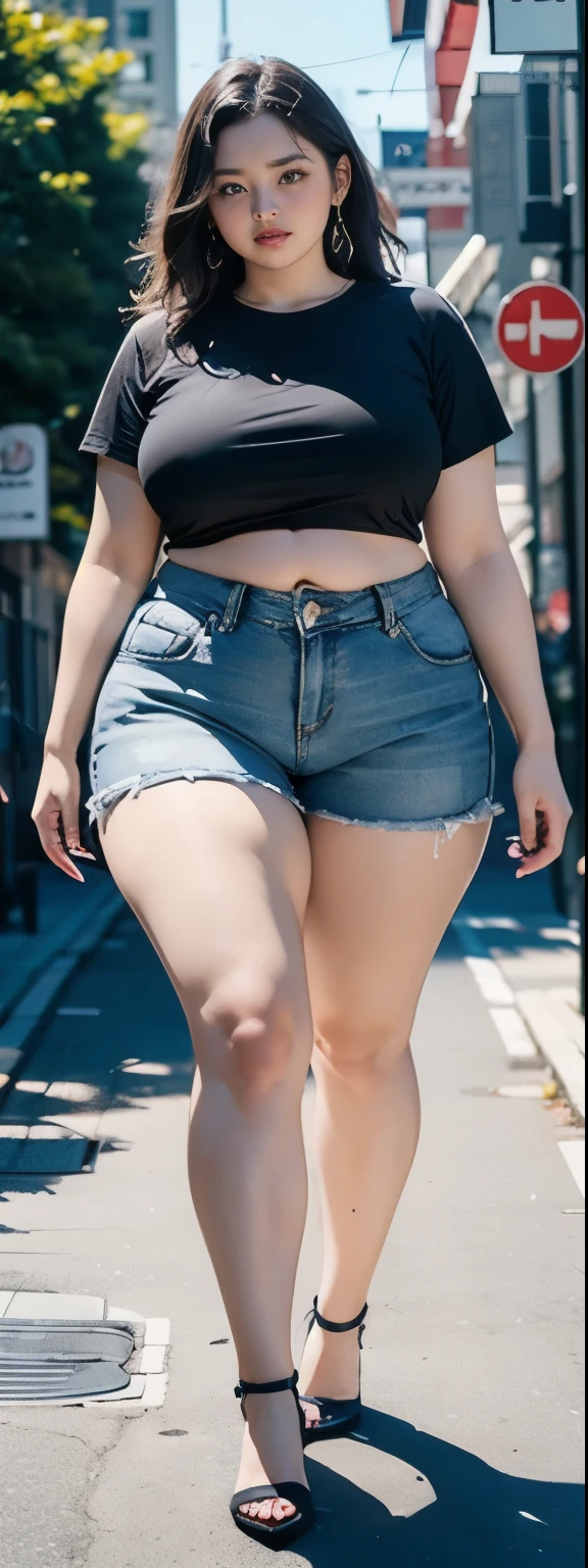 ((best quality)), ((masterpiece)), (detailed), perfect face, araffe woman in a dark-blue shirt and blue denim skirt walking down a street, thicc, she has a jiggly fat round belly, chan, wearing tight simple clothes, skinny waist and thick hips, widest hips, her belly is fat and round, soft curvy shape, hyperrealistic full figure, wearing a cute top, wide hips