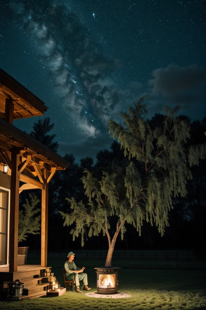 sitting on porch .Willow tree swaying in the rain with charcoal stove,dark green night sky