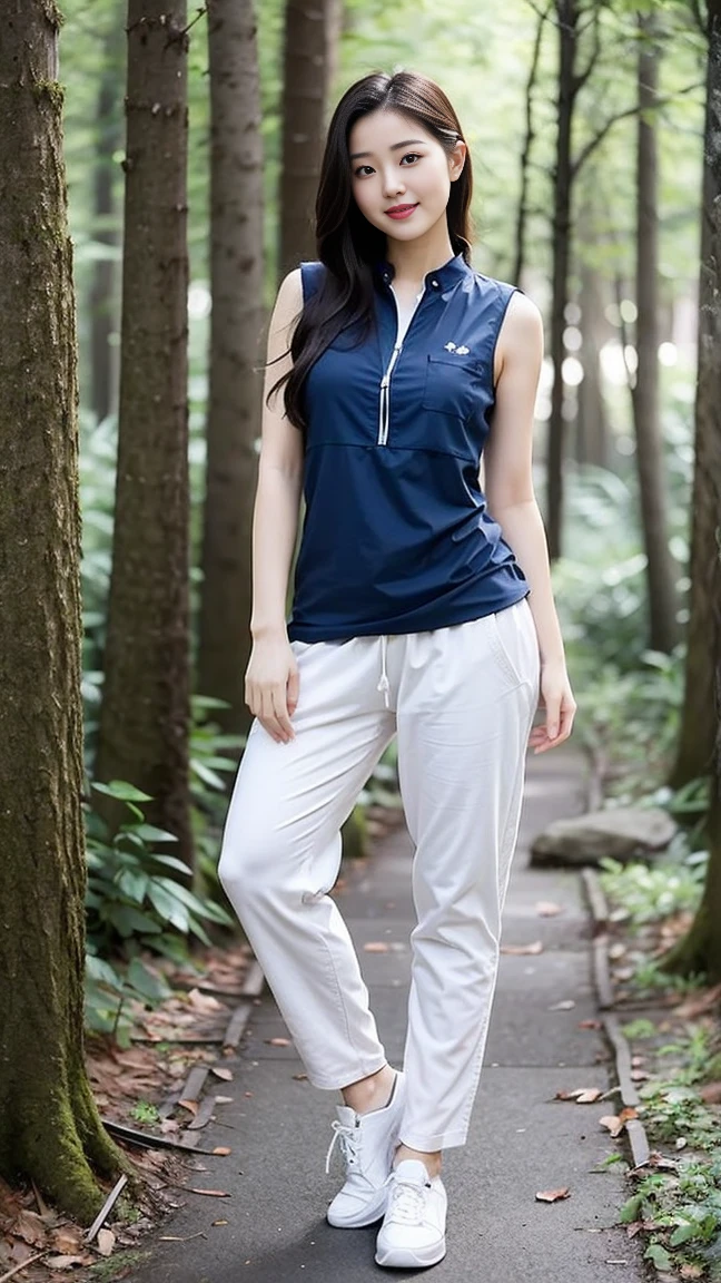 masterpiece, best quality, Surreal, Ultra Detailed, 8k resolution, RAW photos, Clear focus, (A girl in the forest), ((Grey Camisole Vest:1.1)), sleeveless, Long sweatpants,Full body posture, Solitary, Perfect body, Become a, 32 inches in the chest,(a charming smile:1), (sexy pose)，26 years old, light,White shoes
