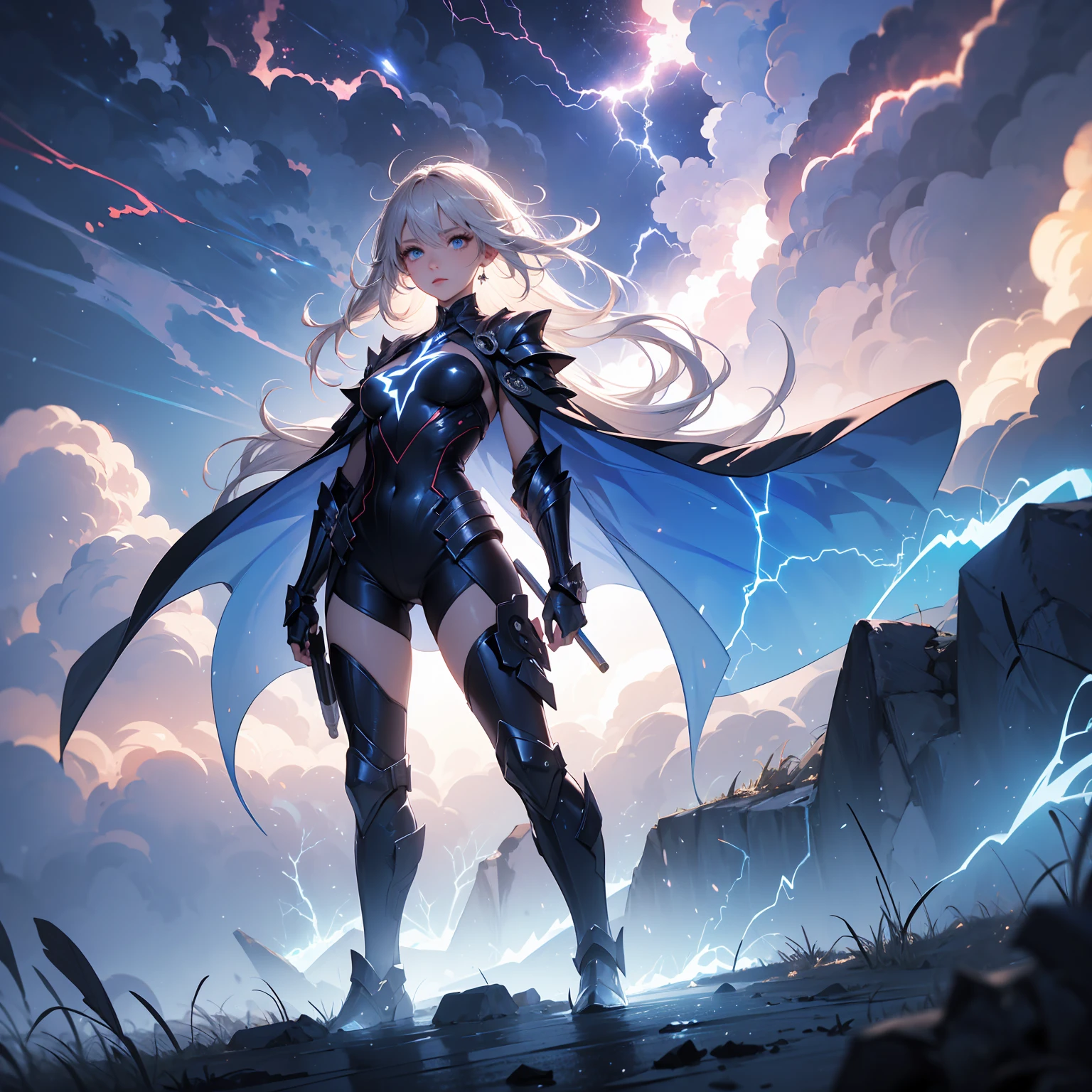 ((full body shot)) of a girl in electrifying, futuristic armor with sleek silver and blue accents, standing in a stormy, electrified sky. She has short, spiky platinum blonde hair and piercing, electric blue eyes. Her skin has a faint, radiant glow, and she is adorned with intricate lightning bolt motifs. She holds a magnificent staff crackling with arcs of lightning, emitting a powerful, electric aura. The atmosphere is {charged|awe-inspiring}, with thunderclouds and bolts of lightning illuminating the scene. The ground beneath her is charged with static electricity, creating a shimmering effect and adding to the electrifying ambiance. Surrounding her are swirling storm clouds and bursts of lightning in shades of {blue|white}, casting a dynamic, electrical glow. The background features towering, swirling storm formations and glimpses of a distant, lightning-lit castle, hinting at a kingdom ruled by thunder and lightning. The scene is intense and majestic, with her face showing a confident yet serene expression, her eyes focused intently on harnessing her power.

[Best quality], [Masterpiece], [Ultra-detailed], [4k], {charged|awe-inspiring} atmosphere, stormy sky, {dynamic pose|commanding pose}, electrified illumination, {soft shadows|dramatic lighting}, {charged ground:0.7}, {swirling storm clouds:0.6}, {bursts of lightning:0.5}, {storm formations:0.4}, {lightning-lit castle:0.3}.