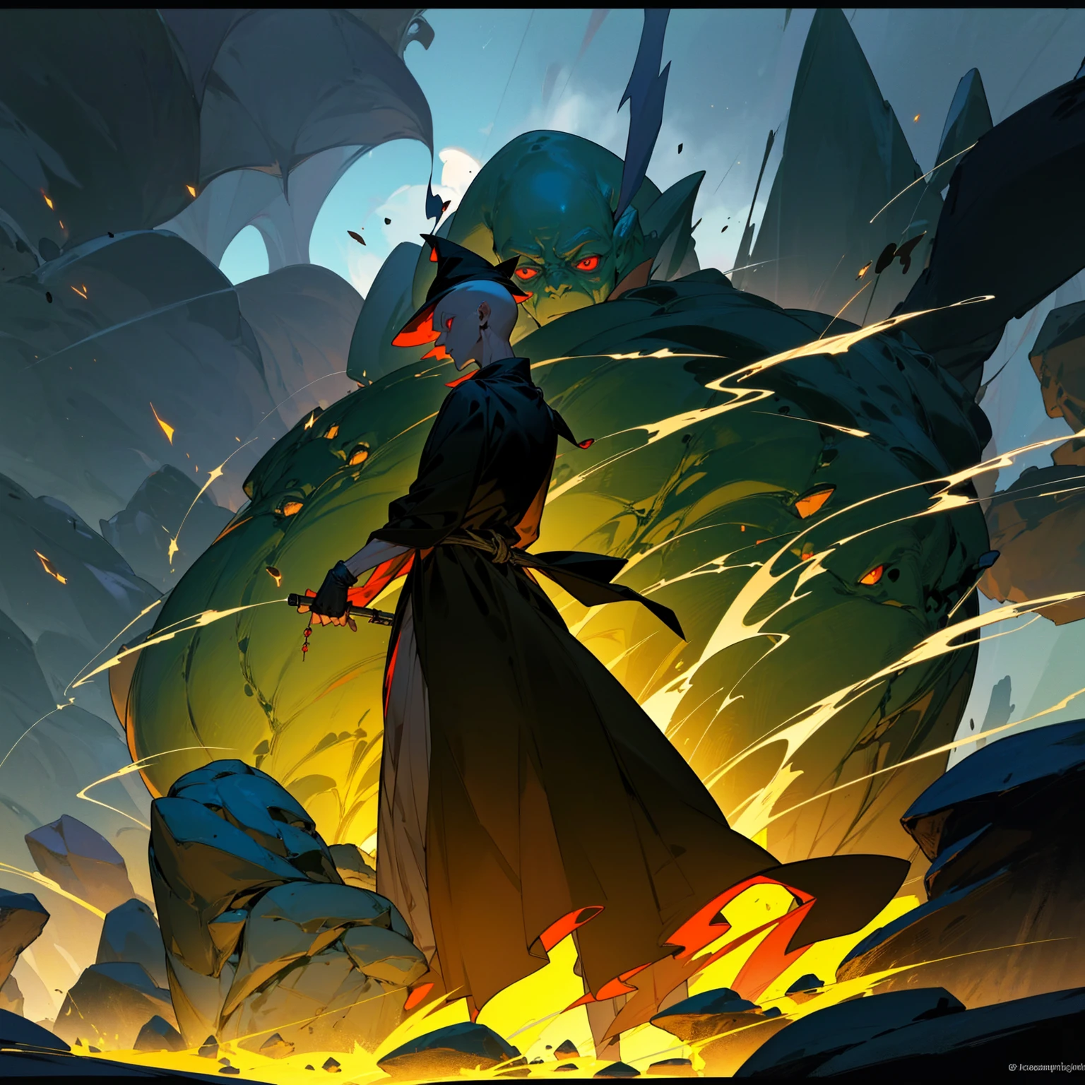 1Goblin mixed with wizard, full body version, Red eyes, green skin, (His hair is bald), wearing a blue hat, black robe, there is a shield behind his back, (in his hand is a beaker glass of smoking chemical concoction), (Grassroots background, Explosions, rock pebbles, silhouette light, afternoon, afternoon silhouette light, Grassroots lighting)
