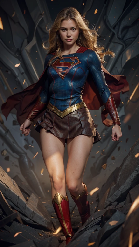 The character Supergirl, extremely realistic costume, extremely realistic anatomy, shy smile, beautiful woman, beautiful blond hair , perfect hands anatomy