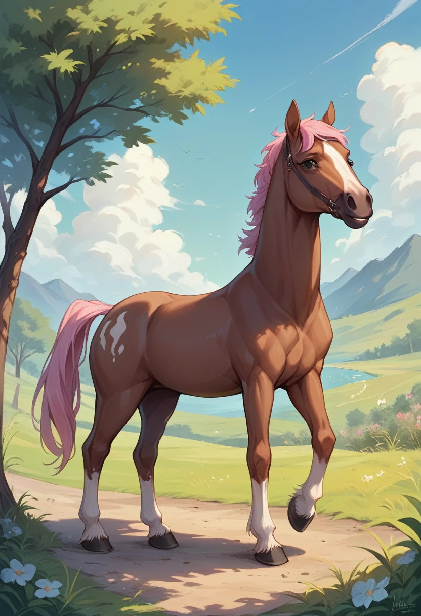 13 year old girl with pink hair, small breasts, girl walking towards a brown horse, whole body, detailed landscape (Best Quality), (well-formed horse)