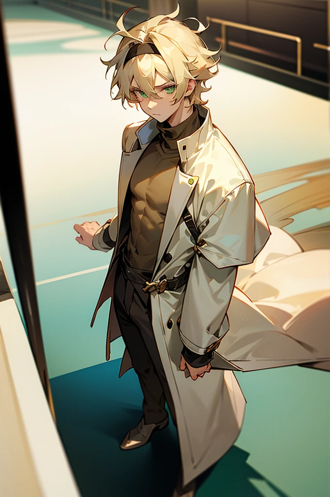 1male , White Headband , Blonde Messy Hair , Green Eyes , Brown Turtleneck Long Sleeve , Calm Expression , Young Male , Standing on path , Stage Background