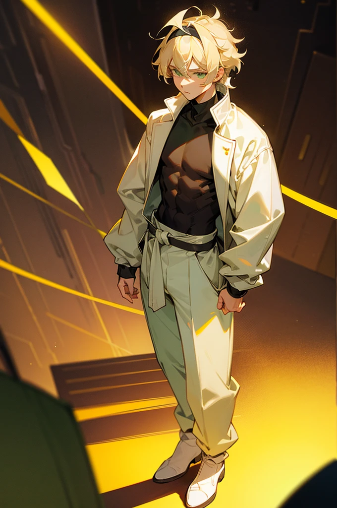 1male , White Headband , Blonde Messy Hair , Green Eyes , Brown Turtleneck Long Sleeve , Calm Expression , Young Male , Standing on path , Stage Background
