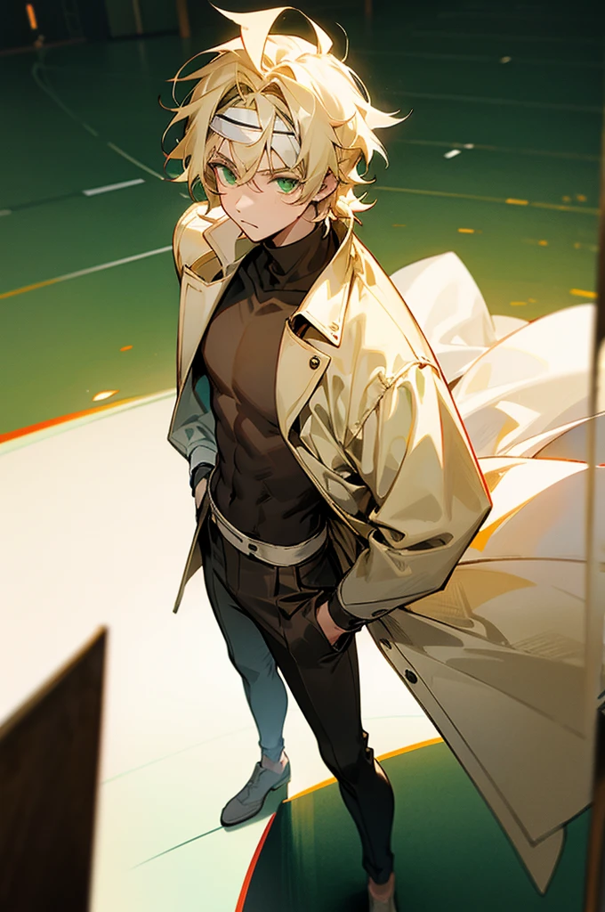 1male , White Headband , Blonde Messy Hair , Green Eyes , Brown Turtleneck Long Sleeve , Calm Expression , Young Male , Standing on path , Stage Background