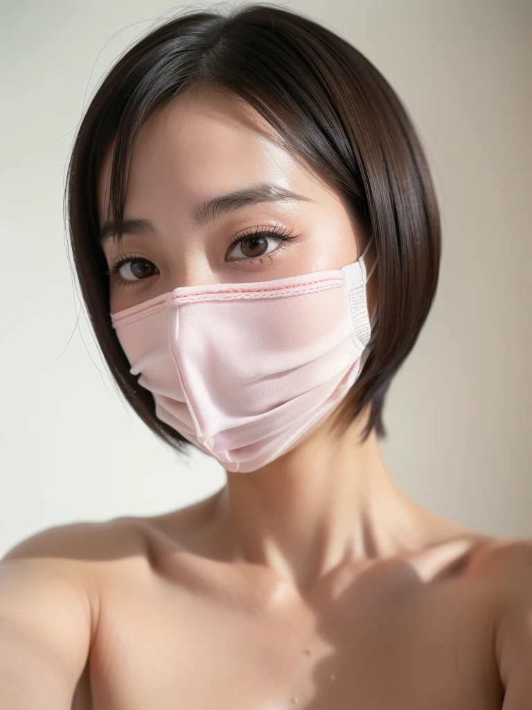 Japanese Mature, (alone), 50 years old, (Wrinkles around the eyes:1.2), High resolution、high resolution、、masterpiece、Frustrated and accurate、sharp、At the Beach((Japanese Mature、)From the chest up、High resolution、high resolution、High detail、 ( close your eyes、(strong)orgasm)、(strong)orgasm)、Japanese Mature、(alone)、Chubby body type(((Stand upright, facing the center of the screen。))Close-up of a woman lying in bed, Japanese Model, A sophisticated gravure idol, Beautiful Asian Girl, (flat ), (topless), Pixie_cut、live-action、Pose Variada、White wall background photography、Big Tits、Pink Mask、Selfie style、White knit
