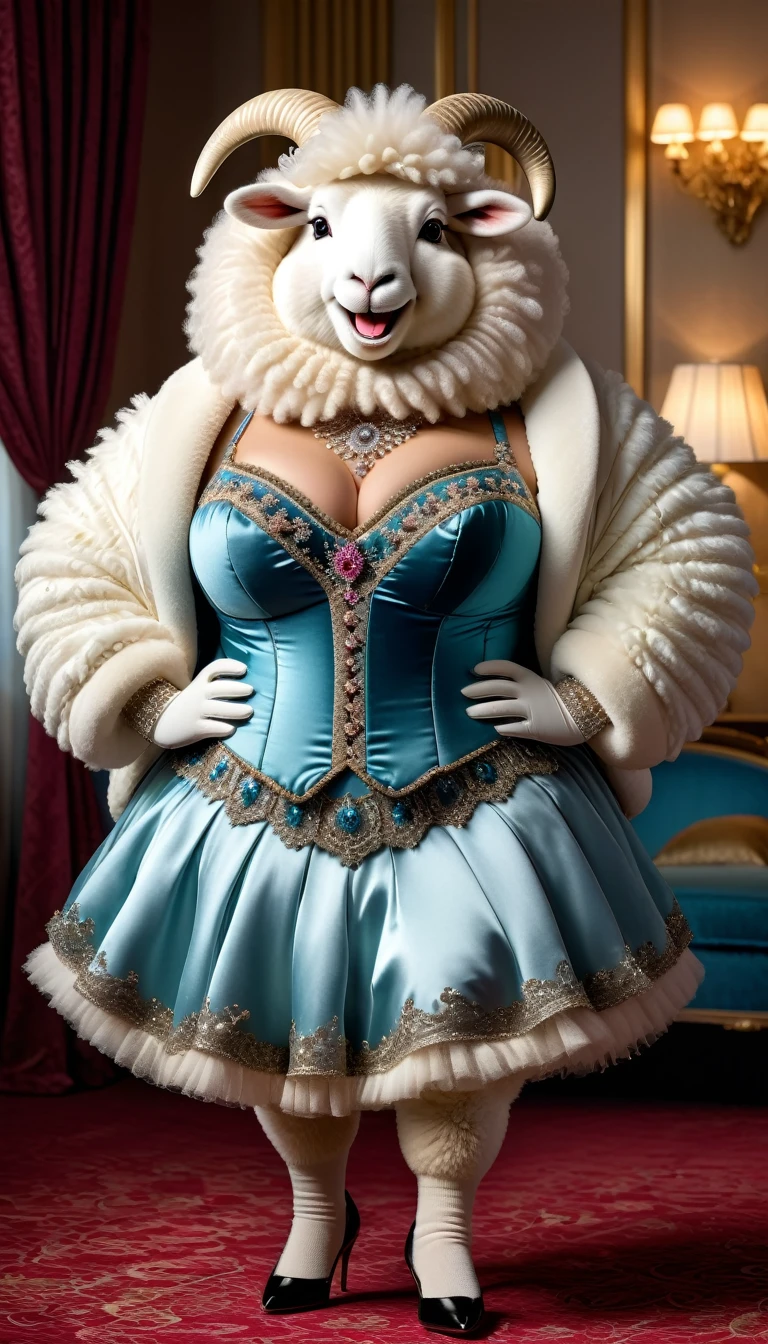 photorealistic portrait of Dressed animals-a (fat) ((angora sheep) dancer,(furry), (elegant pose:1.5), (hands on hips:1.5),(smile:1.5),high quality,(happy),(lovely) ,intricate details, Wearing bustier, (), highly detailed ((bustier)) ,highly detailed decorations of clothes, Fishnet panty horse , (happy), soft lighting,(full body image:2.0),luxury hotel room background,(high heels),