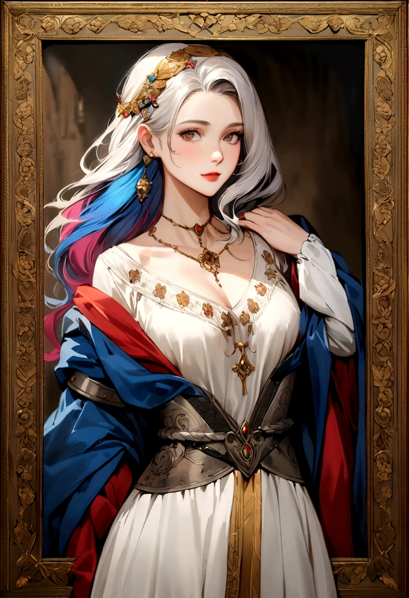 A stunning 36-year-old woman, despite her age and some wrinkles, is still incredibly beautiful with her colorful hair, reminiscent of medieval times. This description portrays her as a captivating figure in a work of art, be it a painting or a photograph. The image exudes a sense of superiority, truly capturing the essence of medieval beauty.