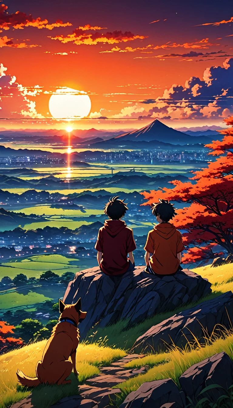 high quality, 8K Ultra HD, great detail, masterpiece, an anime style digital illustration, anime landscape of a boy with his dog sitting on a hill, looking at a hellish orange and red sunset, anime nature wallpapers with a serene sky, anime beautiful scene, beautiful anime peace scene, Makoto Shinkai Cyril Rolando, beautiful anime scene, amazing wallpaper, anime art wallpaper 8k, anime background, art anime background, wallpaper 4k anime screen, 4k anime art wallpaper, 4k anime art wallpaper,