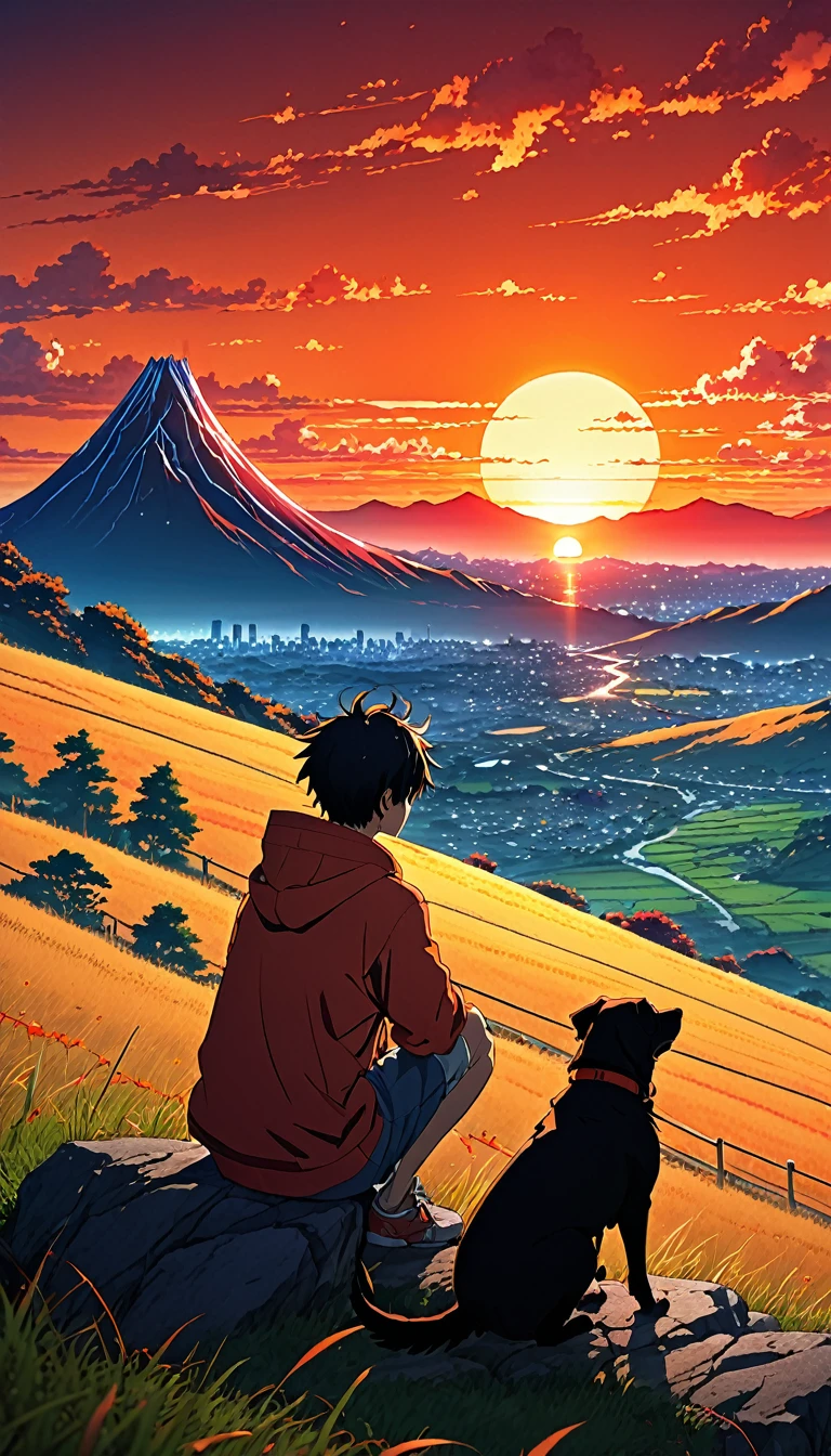 high quality, 8K Ultra HD, great detail, masterpiece, an anime style digital illustration, anime landscape of a boy with his dog sitting on a hill, looking at a hellish orange and red sunset, anime nature wallpapers with a serene sky, anime beautiful scene, beautiful anime peace scene, Makoto Shinkai Cyril Rolando, beautiful anime scene, amazing wallpaper, anime art wallpaper 8k, anime background, art anime background, wallpaper 4k anime screen, 4k anime art wallpaper, 4k anime art wallpaper,
