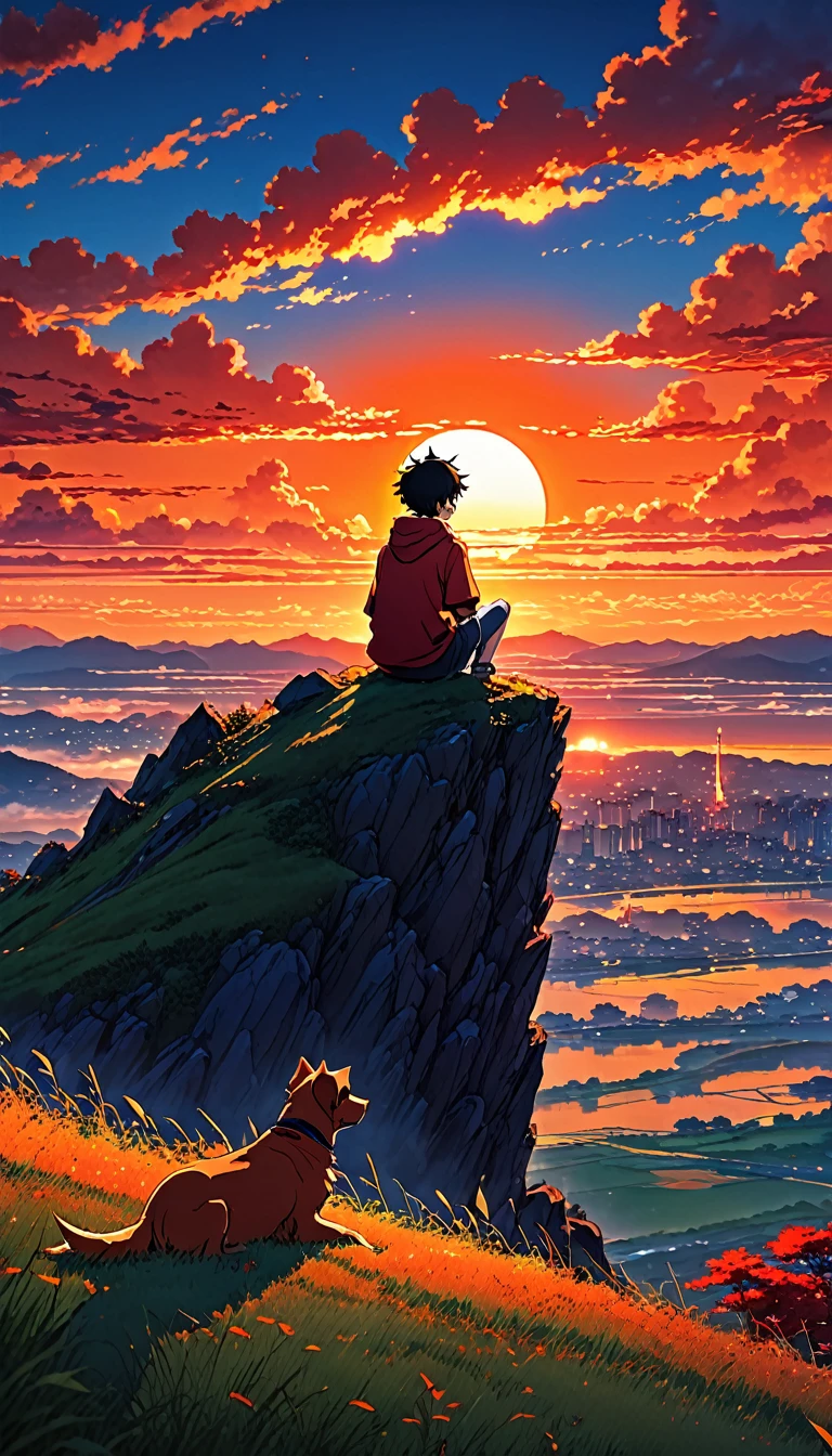 high quality, 8K Ultra HD, great detail, masterpiece, an anime style digital illustration, anime landscape of a boy with his dog sitting on a hill, looking at a hellish orange and red sunset, anime nature wallpapers with a serene sky, anime beautiful scene, beautiful anime peace scene, Makoto Shinkai Cyril Rolando, beautiful anime scene, amazing wallpaper, anime art wallpaper 8k, anime background, art anime background, wallpaper 4k anime screen, 4k anime art wallpaper, 4k anime art wallpaper,