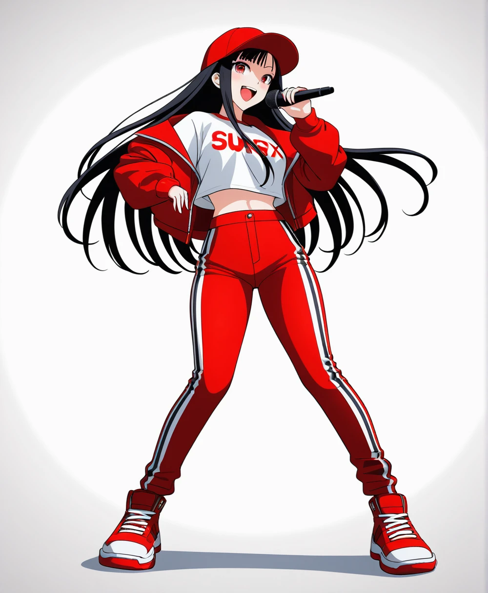 Background white, White background, ((((White background)))), ((((Full body)))), Black Hair, Long Hair, Baseball Cap, Anime Style, beautiful girl, Red eyes, Hip Hop Clothes, Red clothes, Hold the microphone, Dynamic Angle, 4K, 8K, smile, Open your mouth, singing, sexy,