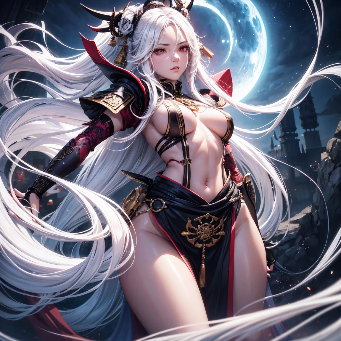 a woman, 1girl, long white hair, small breasts, red eyes!!!, fair skin, blank face, sexy tight black samurai outfit, bare arm, bare leg, night, medieval japanese town, very sexy body, detailed face, beautiful detailed eyes, beautiful detailed lips, extremely detailed eyes and face, long eyelashes, detailed clothing, intricate details, highly detailed, photo realistic, 8k, best quality, masterpiece, cinematic lighting, dramatic lighting, vibrant colors, fantasy, digital art, concept art