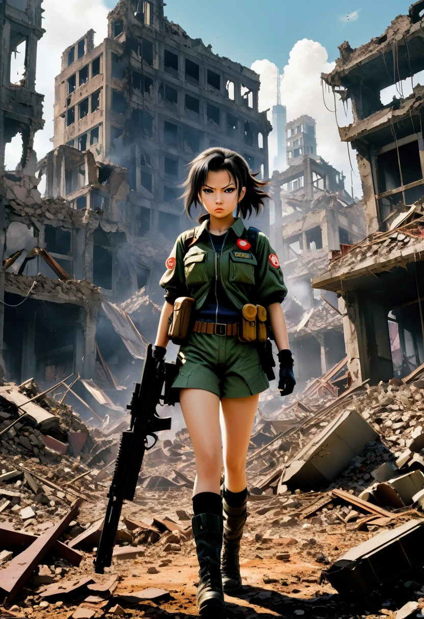 "A high school girl surviving in a ruined world in the style of Akira Toriyama. Dirty uniform, weapon in hand, collapsed buildings and ruins in the background, a determined gaze."