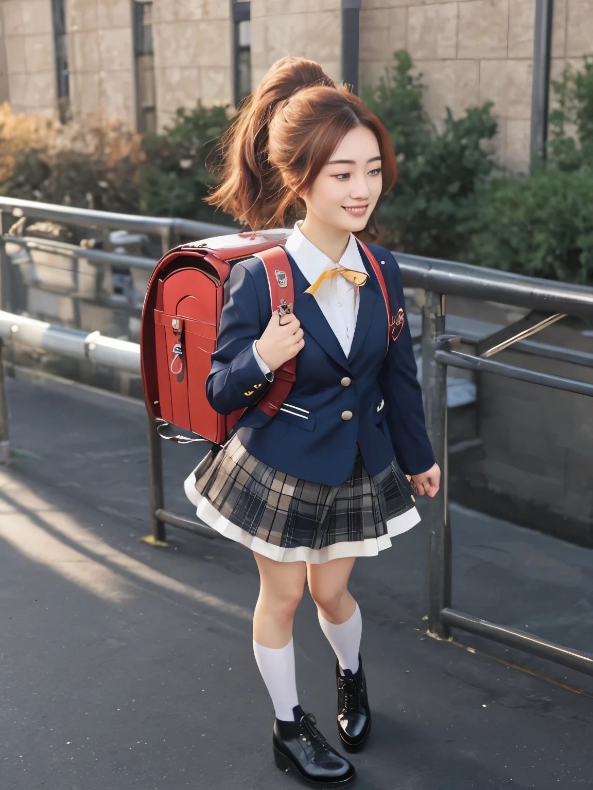 Masterpiece, hd, realistic, highschool girl, 17 y.o, tall height body, 1girl, solo, backpack, bag, red bag, (backpack:1.2), black footwear, white shirt, white socks, blue eyes, blush, brown hair, pleated skirt, closed mouth, smile, collared shirt, day, full body, hair between eyes, long sleeves, looking away, medium hair, outdoors, ponytail, white collared shirt,dress, black boots shoes, wearing blazer, brown blazer, (blazer:1.2),