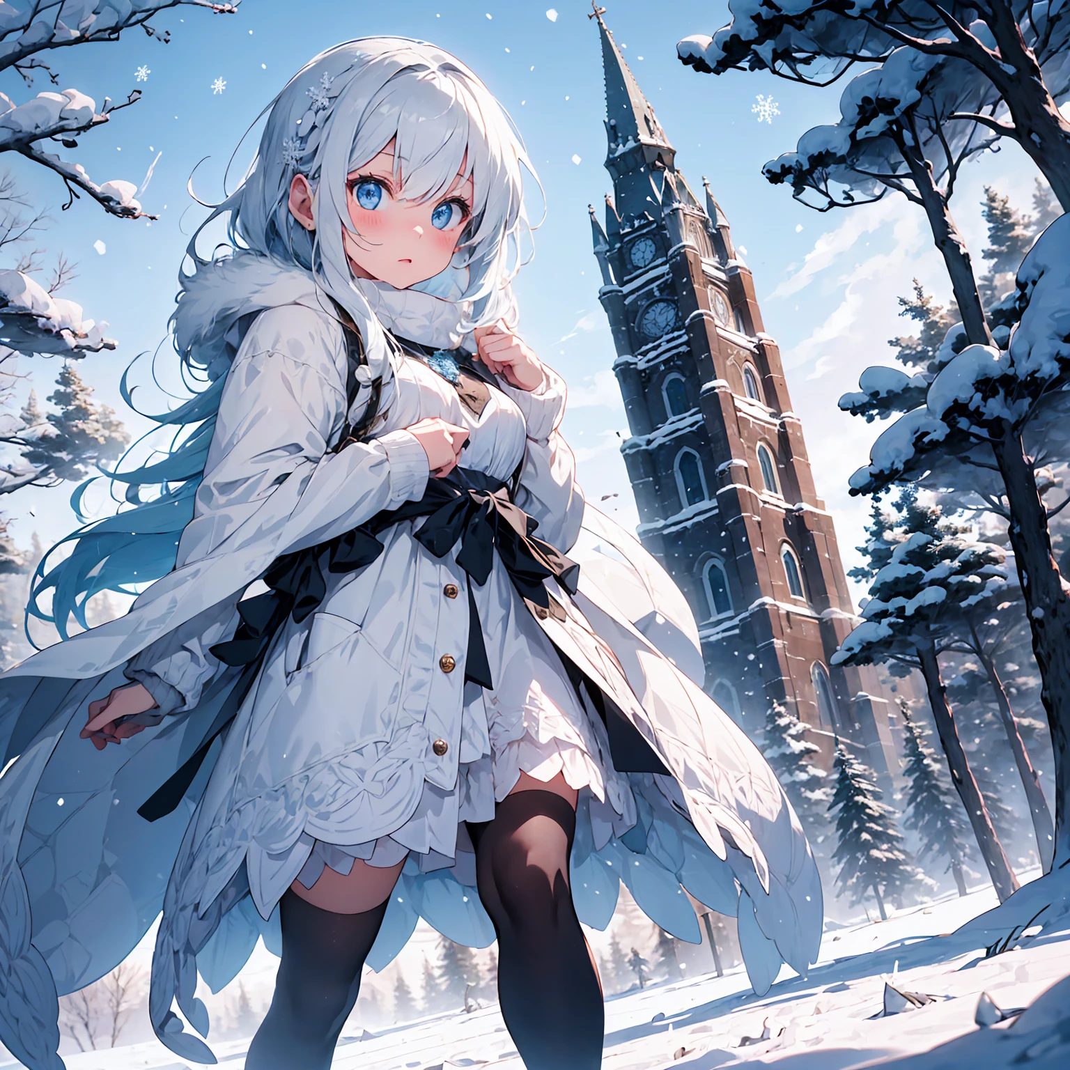 ((full body shot)) of a girl in elegant, fur-lined clothing with intricate ice-blue patterns, standing in a frozen, snowy landscape. She has long, flowing platinum blonde hair and piercing icy blue eyes. Her skin is pale with a slight blue tint, and she is adorned with delicate ice crystals and frost. She holds a majestic staff made of clear, crystalline ice, with swirling snowflakes and embedded gemstones. The atmosphere is {chilly|magical}, with a soft snowfall and a faint blue glow illuminating the scene. The ground beneath her is a blanket of pristine snow, reflecting the icy light and adding to the wintry ambiance. Surrounding her are glistening ice sculptures and frost-covered trees in shades of {white|blue}, casting a serene, frosty glow. The background features towering, glittering ice castles and distant snowy mountains, hinting at a majestic, icy kingdom. The scene is tranquil and enchanting, with her face showing a serene yet powerful expression, her eyes focused intently on her icy domain.

[Best quality], [Masterpiece], [Ultra-detailed], [4k], {chilly|magical} atmosphere, icy kingdom, {dynamic pose|regal pose}, soft snowfall illumination, {soft shadows|frosty lighting}, {reflected light on snow:0.7}, {glittering ice sculptures:0.6}, {frost-covered trees:0.5}, {towering ice castles:0.4}, {snowy mountains:0.3}.