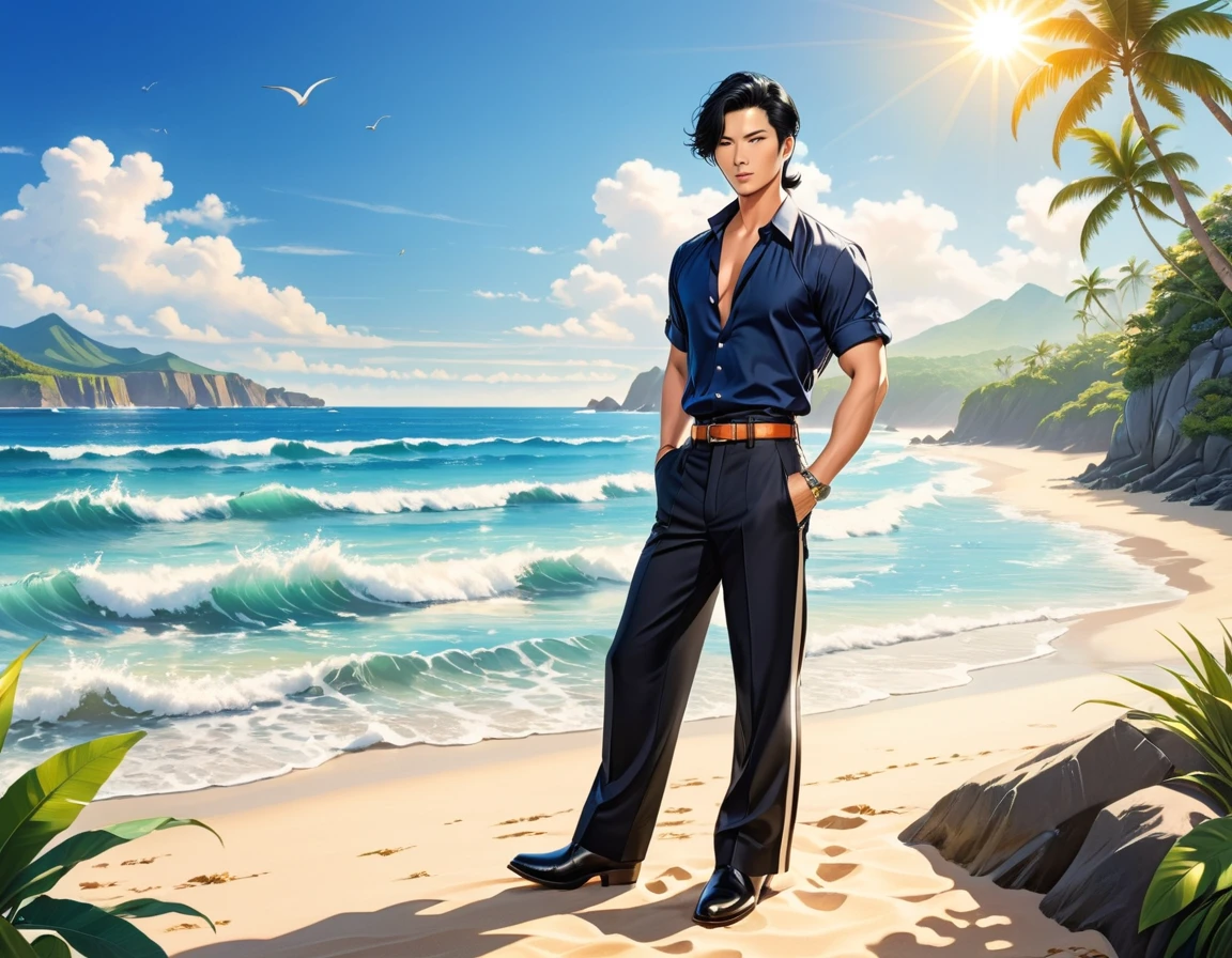 1 Male, Asian, chiseled face, medium straight black hair, Summer, Boots, long pants, beach background, bright sunlight, ocean waves, tropical setting, consistent fashion, aristocratic presence, stylish pose, full-body shot, emphasizing long pants, score_9, score_8_up, score_7_up, score_6_up, score_5_up, score_4_up,