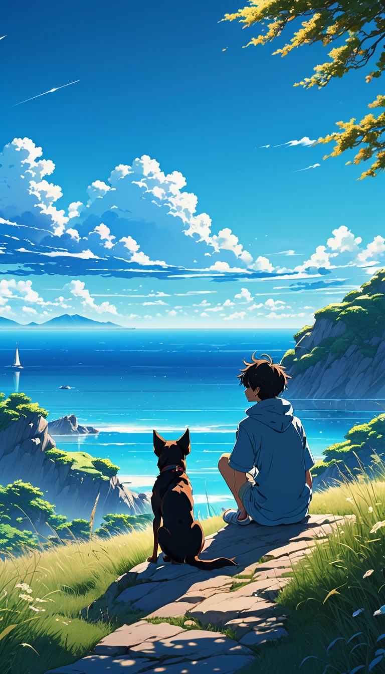 high quality, 8K Ultra HD, great detail, masterpiece, an anime style digital illustration, anime landscape of a boy with his dog sitting on a hill, looking at a cloudless sea-like blue sky, calm, serene, nature screen anime with serene sky, beautiful anime scene, beautiful anime peace scene, Makoto Shinkai Cyril Rolando, beautiful anime scene, amazing wallpaper, 8k anime art wallpaper, anime background, art anime background , 4k anime wallpaper, 4k anime art wallpaper, 4k anime art wallpaper,