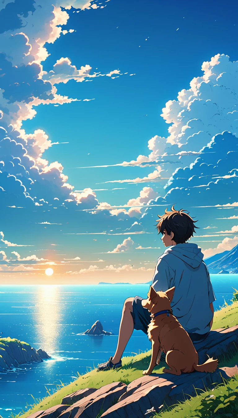 high quality, 8K Ultra HD, great detail, masterpiece, an anime style digital illustration, anime landscape of a boy with his dog sitting on a hill, looking at a cloudless sea-like blue sky, calm, serene, nature screen anime with serene sky, beautiful anime scene, beautiful anime peace scene, Makoto Shinkai Cyril Rolando, beautiful anime scene, amazing wallpaper, 8k anime art wallpaper, anime background, art anime background , 4k anime wallpaper, 4k anime art wallpaper, 4k anime art wallpaper,