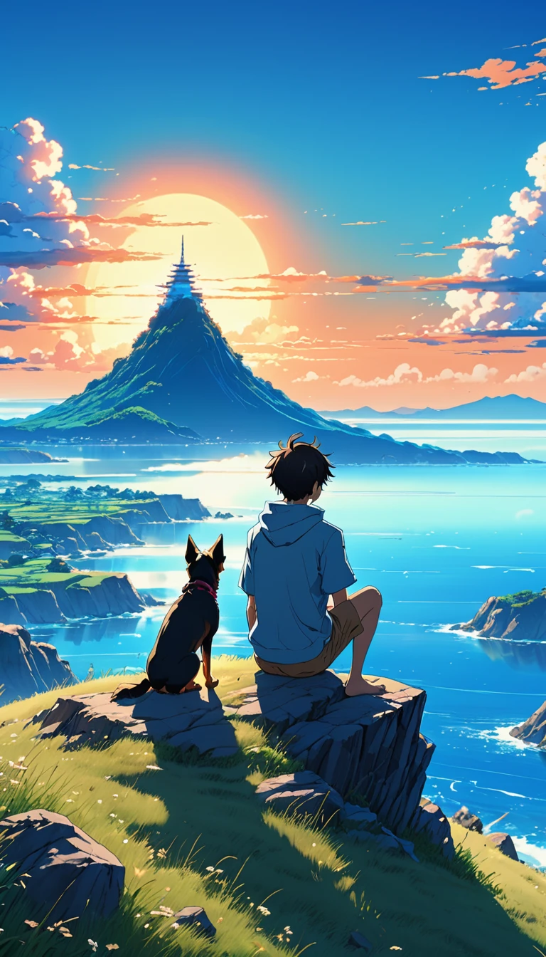 high quality, 8K Ultra HD, great detail, masterpiece, an anime style digital illustration, anime landscape of a boy with his dog sitting on a hill, looking at a cloudless sea-like blue sky, calm, serene, nature screen anime with serene sky, beautiful anime scene, beautiful anime peace scene, Makoto Shinkai Cyril Rolando, beautiful anime scene, amazing wallpaper, 8k anime art wallpaper, anime background, art anime background , 4k anime wallpaper, 4k anime art wallpaper, 4k anime art wallpaper,