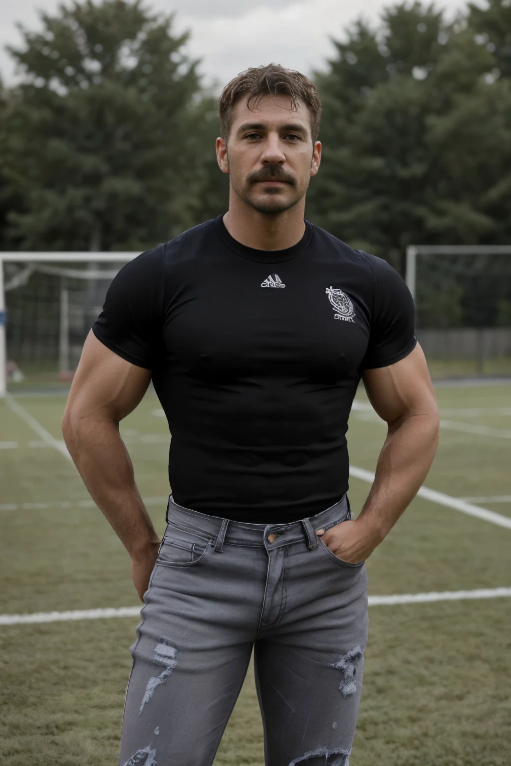 (((Muscular man))) masterpiece, best quality, high resolution, closeup portrait, male focus, solo focus, A man, 50 years old, grey hair, soccer player, football player, grey silver hair, messy hairstyle, cute and seductive face, bare chest, body hair, facial hair, roman nose, , hairy legs, cute, dimples, goatee and mustache, bold jawline , full body, sweaty, in the background an outdoor soccer football field, amazing composition, , HDR, ultra quality, elegant, highly detailed,, beautiful asd, realisric male genitalia (((Big muscles))) (((black jeans)))