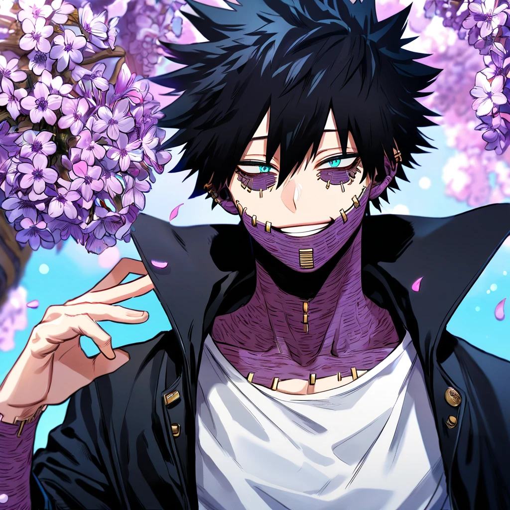 absurdres, highres, ultra detailed, HDR, master piece, best quality, Dabi, black hair, expressive turquoise eyes, Boku No Hero Academia, solo, sexy man, handsome, black coat with high collar, white T-shirt, smiling, fantasy, purple flowers, purple blossoms, purple petals, purple moon