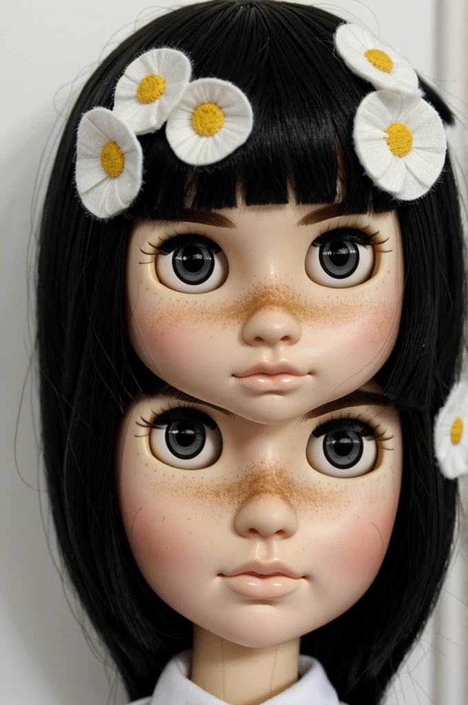Blythe doll, chubby girl, round face, brunette, Mole under the right eye, dark brown eyes and a LITTLE slanted, black hair, thick lips, long eyelashes, straight hair