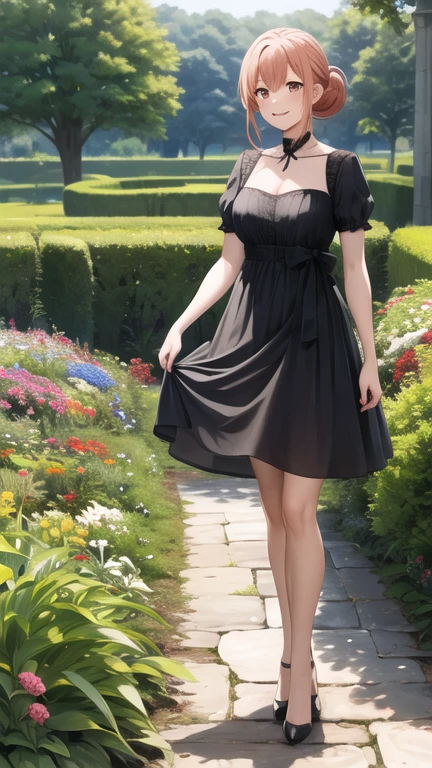 masterpiece, best quality, highres, gahamama, single hair bun, breasts, gothic, black dress, garden, standing, smile,