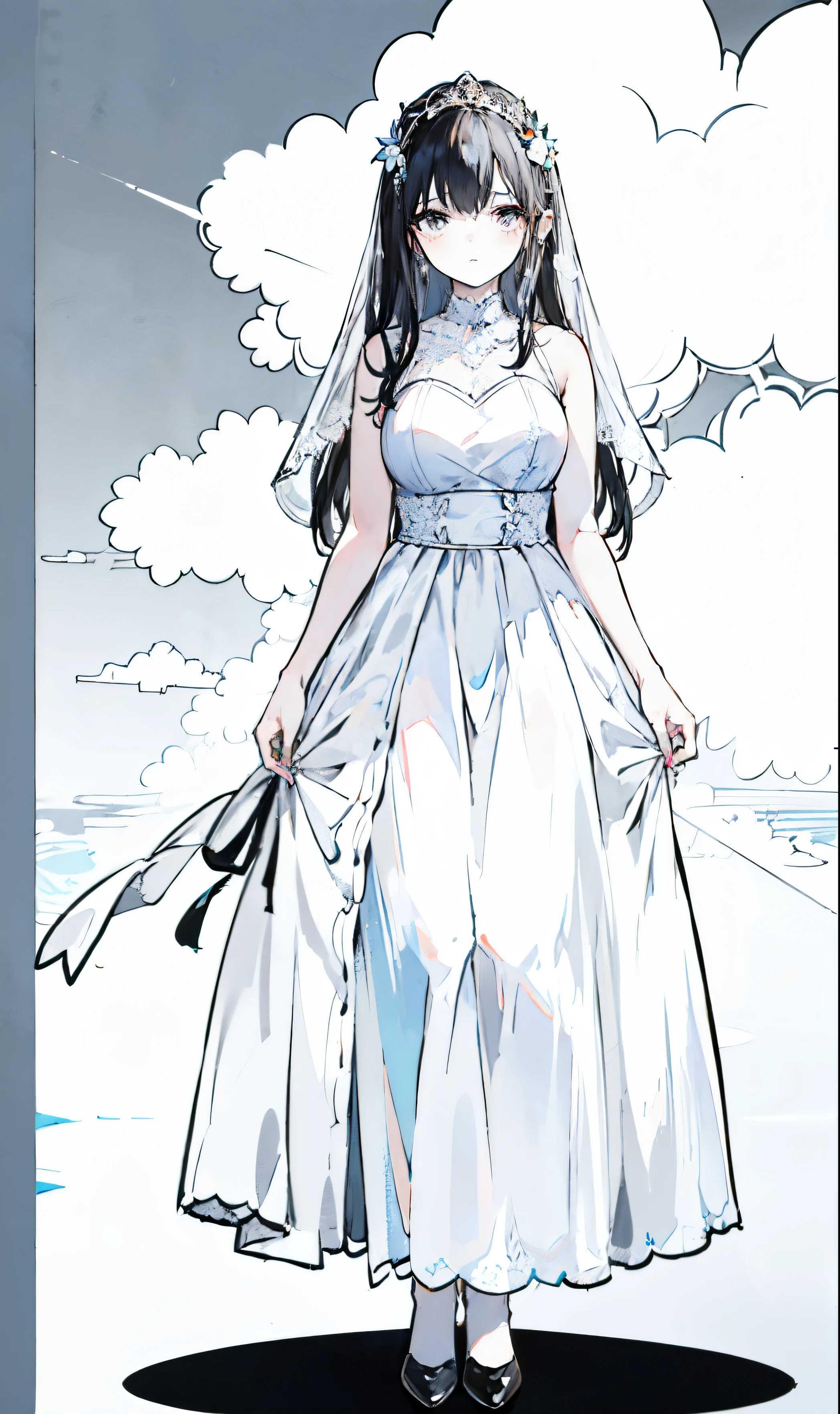 1girl teen, long black hair, standing, black eyes, wearing white long with blue dress, blue long wedding dress, black shoes, fullbody, high res, ultrasharp, 8K, masterpiece, looking at sky, sad, long dress, wedding dress, no tight dress, full dress