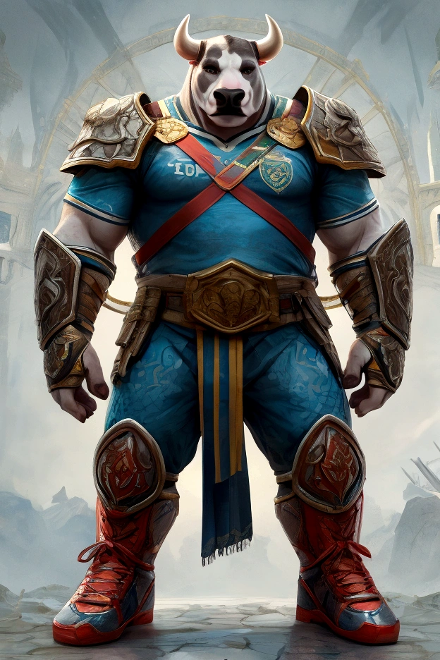Anthro Bull in Fantasy Battlefield, wearing soccer jersey and soccer boots that reaches knees, holding tight a soccer ball on hand, epic