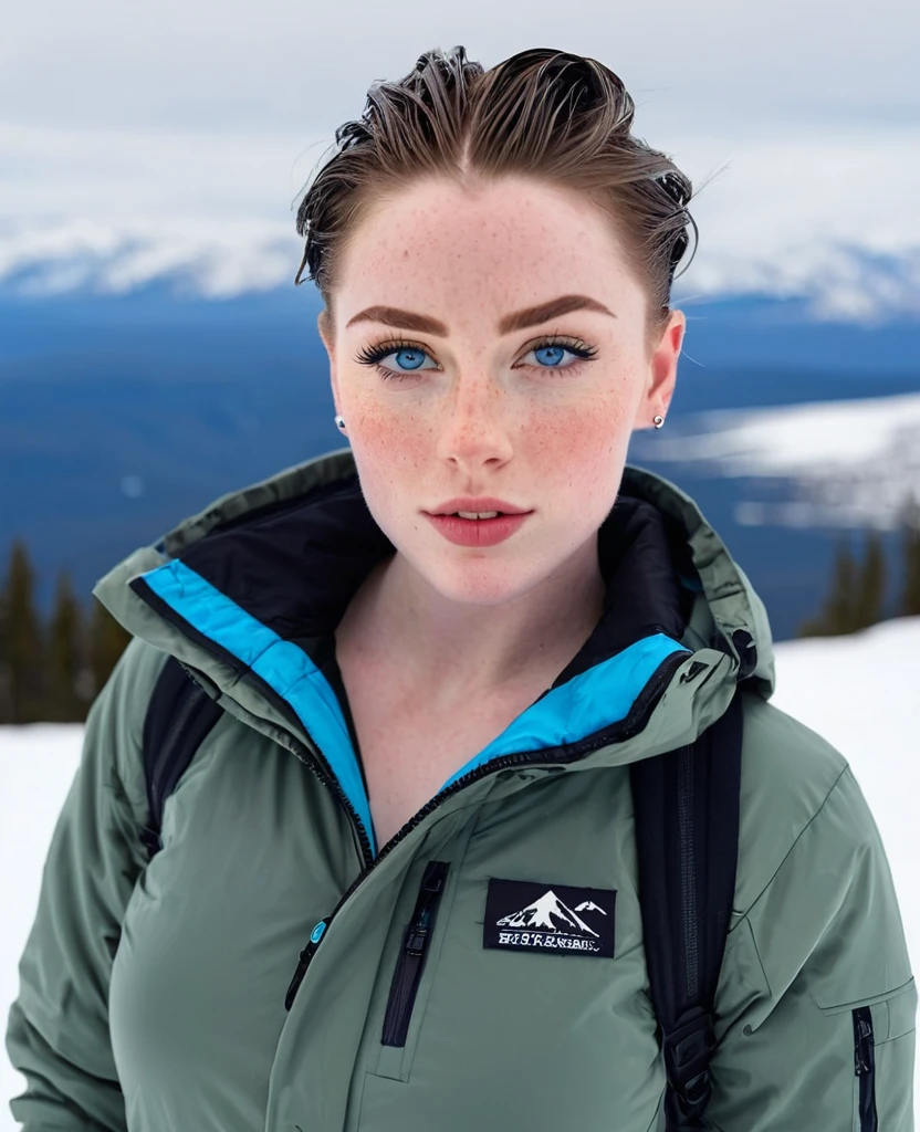 Muscular college girl with large breast and a large butt, blue eyes, pale skin, freckles and a nose piercing with a short slicked back men’s haircut with both sides of her head shaved wearing a ski jacket and snow pants on a snowy mountain