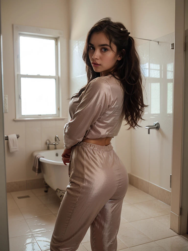 (best quality)), ((masterpiece)), ((detailed)), ((detailed face)), perfect eyes, ((detailed eyes)), ((17 years old)),((big lips)), ((girl)), ((full body shot)), beautiful , ((big black eyes)), perfect eyes, wearing long sleeves shirt, wearing pink shoes, potrait, bright light, ((day)), ((big ass)), wearing pajama pants, ((full body covered), ((pose like supermodel)), standing in bathroom, nice hairstyle, in bathroom, view from side,