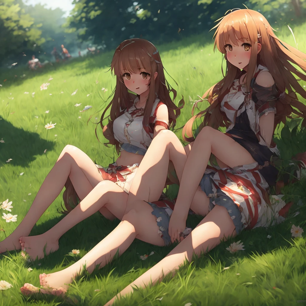 score_9, score_8_up, score_7_up, score_6_up, score_5_up, score_4_up, rating_questionable, 1girl, StarB, sitting in the grass, barefoot,Sonriendo al espectador