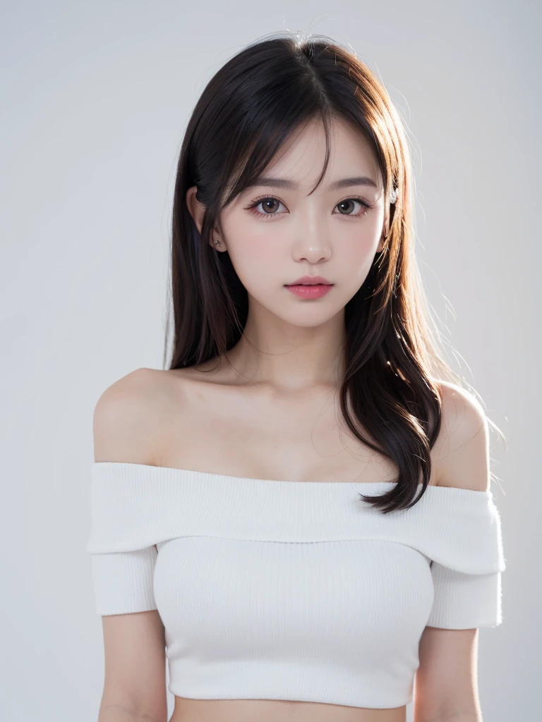 (((forehead、Northern Europe、White people、beautiful girl、Black Hair、White background、Tank top、Off-the-shoulder blouse、mini skirt、long hair、Perm)))、table top, highest quality, figure, super detailed, finely, High resolution, 8k wallpaper, Perfect dynamic composition, detailed and beautiful eyes, Deco out,bionde, super big breasts, Natural color lip,white background, random cute poses,