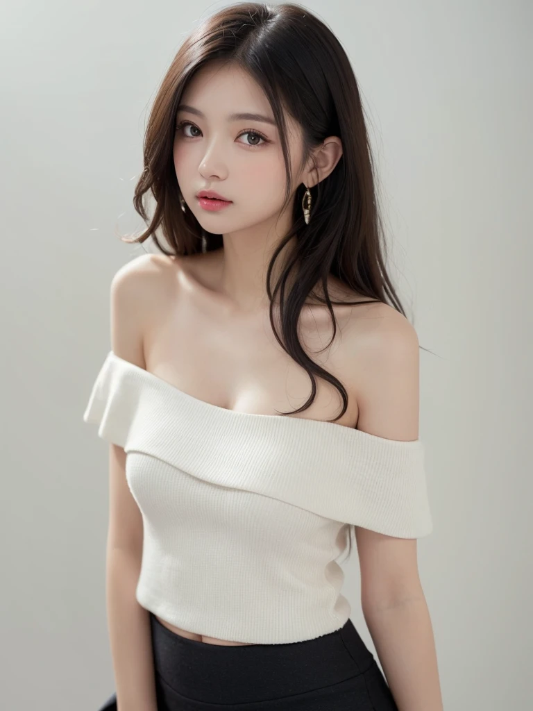 (((forehead、Northern Europe、White people、beautiful girl、Black Hair、White background、Tank top、Off-the-shoulder blouse、mini skirt、long hair、Perm)))、table top, highest quality, figure, super detailed, finely, High resolution, 8k wallpaper, Perfect dynamic composition, detailed and beautiful eyes, Deco out,bionde, super big breasts, Natural color lip,white background, random cute poses,