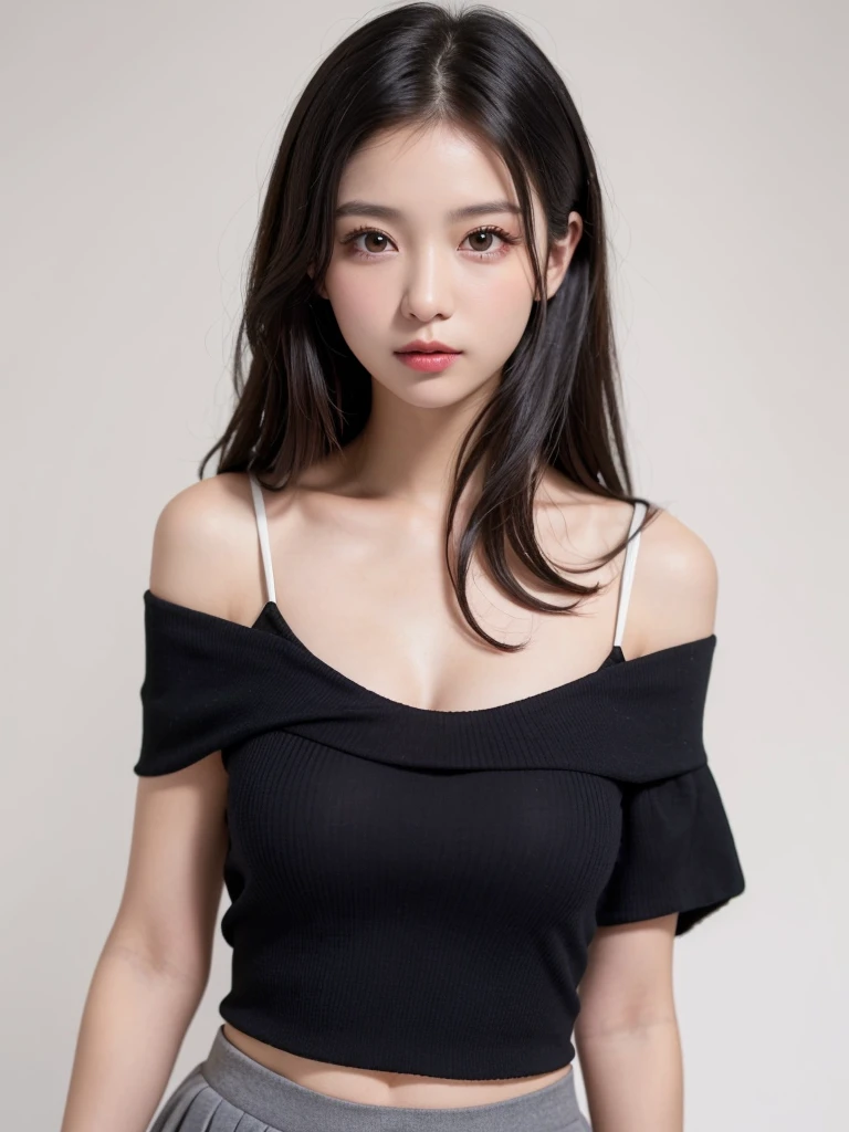 (((forehead、Northern Europe、White people、beautiful girl、Black Hair、White background、Tank top、Off-the-shoulder blouse、mini skirt、long hair、Perm)))、table top, highest quality, figure, super detailed, finely, High resolution, 8k wallpaper, Perfect dynamic composition, detailed and beautiful eyes, Deco out,bionde, super big breasts, Natural color lip,white background, random cute poses,