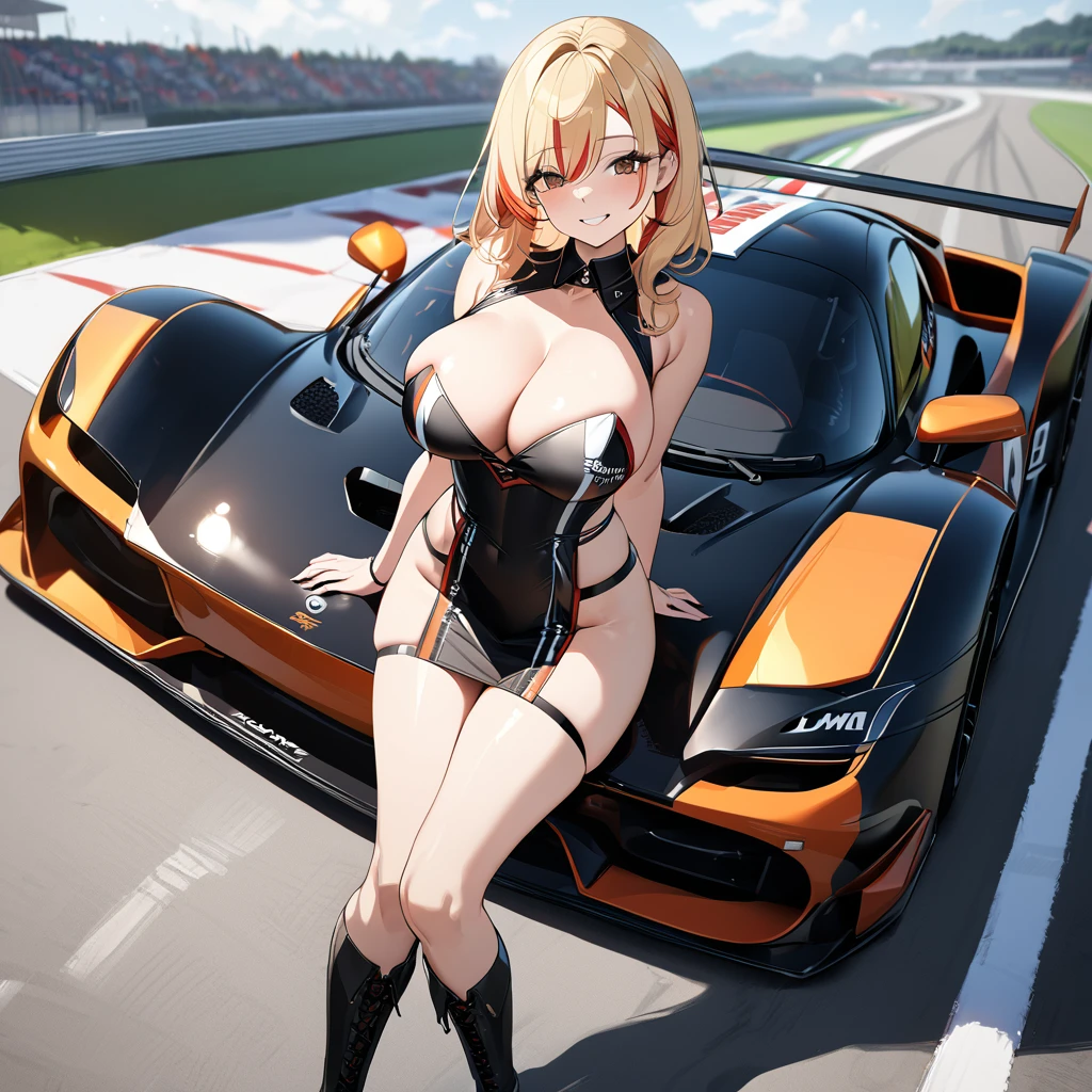 A woman wearing a race queen costume, leather boots, big breasts, smiling, holding a bar with a flag, standing on a race track, with a wide view of the lawn, blonde hair, hair with red bangs, multicolored hair, smiling, brown eyes, black racing car with red details on the back, perfect racing car. UHD , prime work , accurate , anatomically correct , textured skin , super details , high quality , best quality, 8k, high resolution, bokeh effect. (woman alone), close view.