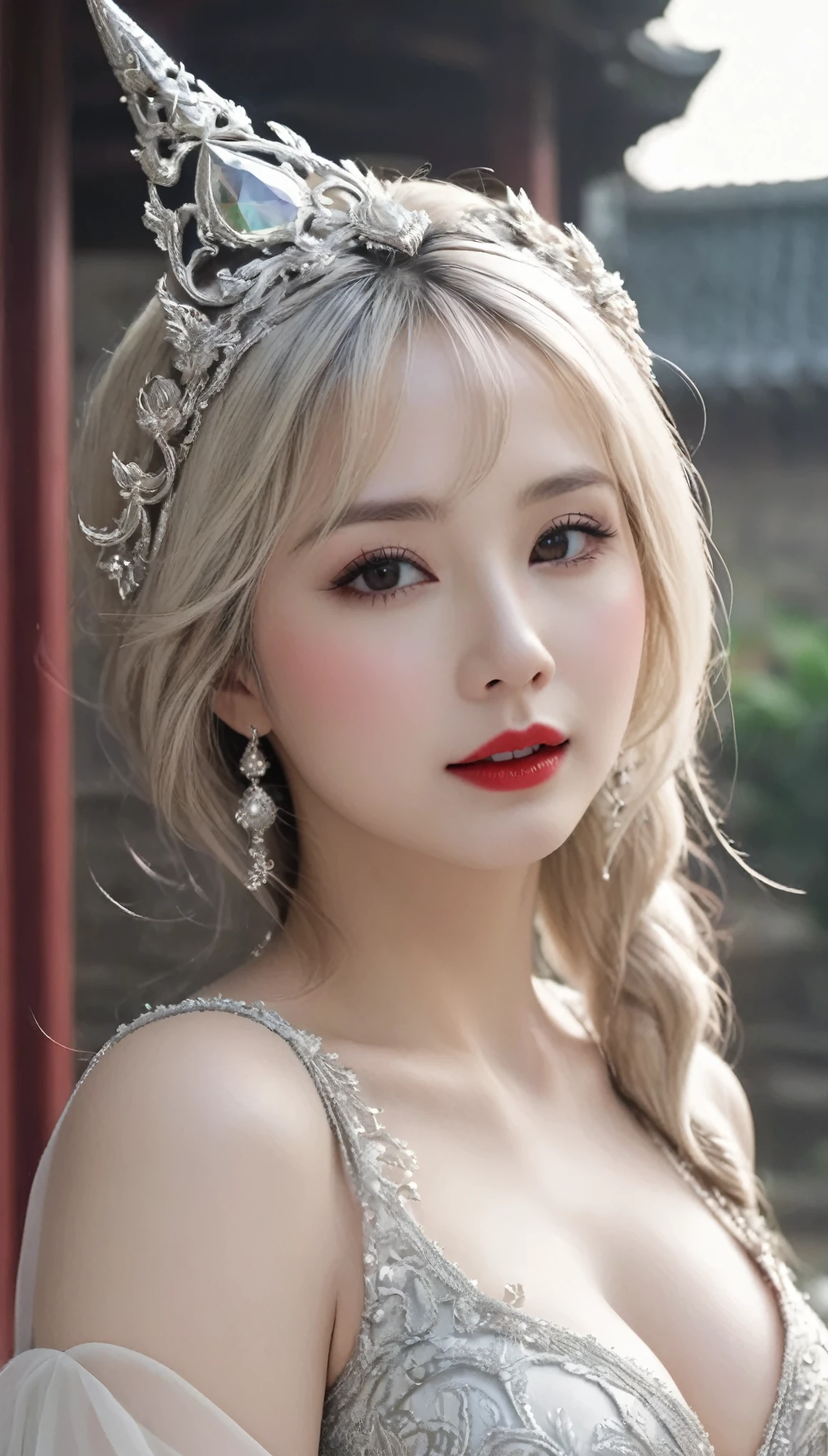 (((surreal woman)))、((Very beautiful 30 year old white woman))、(((Big big cleavage)))、のwitch girl、blonde mature、Plump figure、smile、Middle-aged beauty 、Very delicate and delicate skin texture、witch girl、{(Ancient ornate and luxurious temple)、(Many torches are burning)}、Red lips、Beautiful scarlet eyes、(((Gorgeous and glamorous silver outfit and luxurious accessories)))、I have a shiny platinum wand、