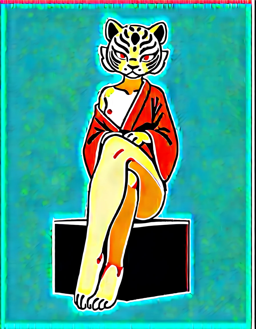 Solo, score_9,score_8_up,score_7_up, kemono style, [Master Tigress], [Kung Fu Panda], red eyes, yellow sclera, tiger female, feminine, tall, skinny, hourglass figure, naked, standing, simple background, wearing a skimpy kimono, kimono barely covering her, exposed shoulder, seductively modeling, sitting on a block, legs crossed, bottom of foot visible, 