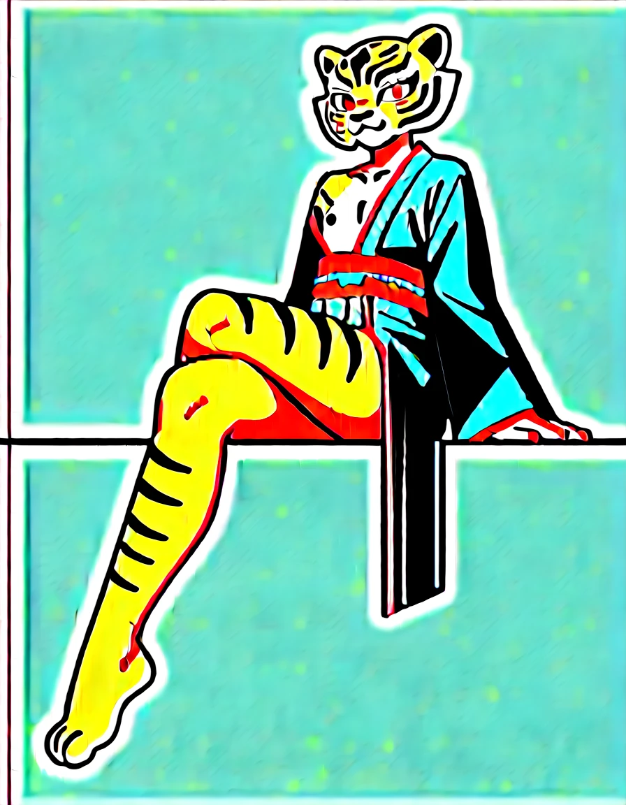 Solo, score_9,score_8_up,score_7_up, kemono style, [Master Tigress], [Kung Fu Panda], red eyes, yellow sclera, tiger female, feminine, tall, skinny, hourglass figure, naked, standing, simple background, wearing a skimpy kimono, kimono barely covering her, exposed shoulder, seductively modeling, sitting on a block, legs crossed, bottom of foot visible, 