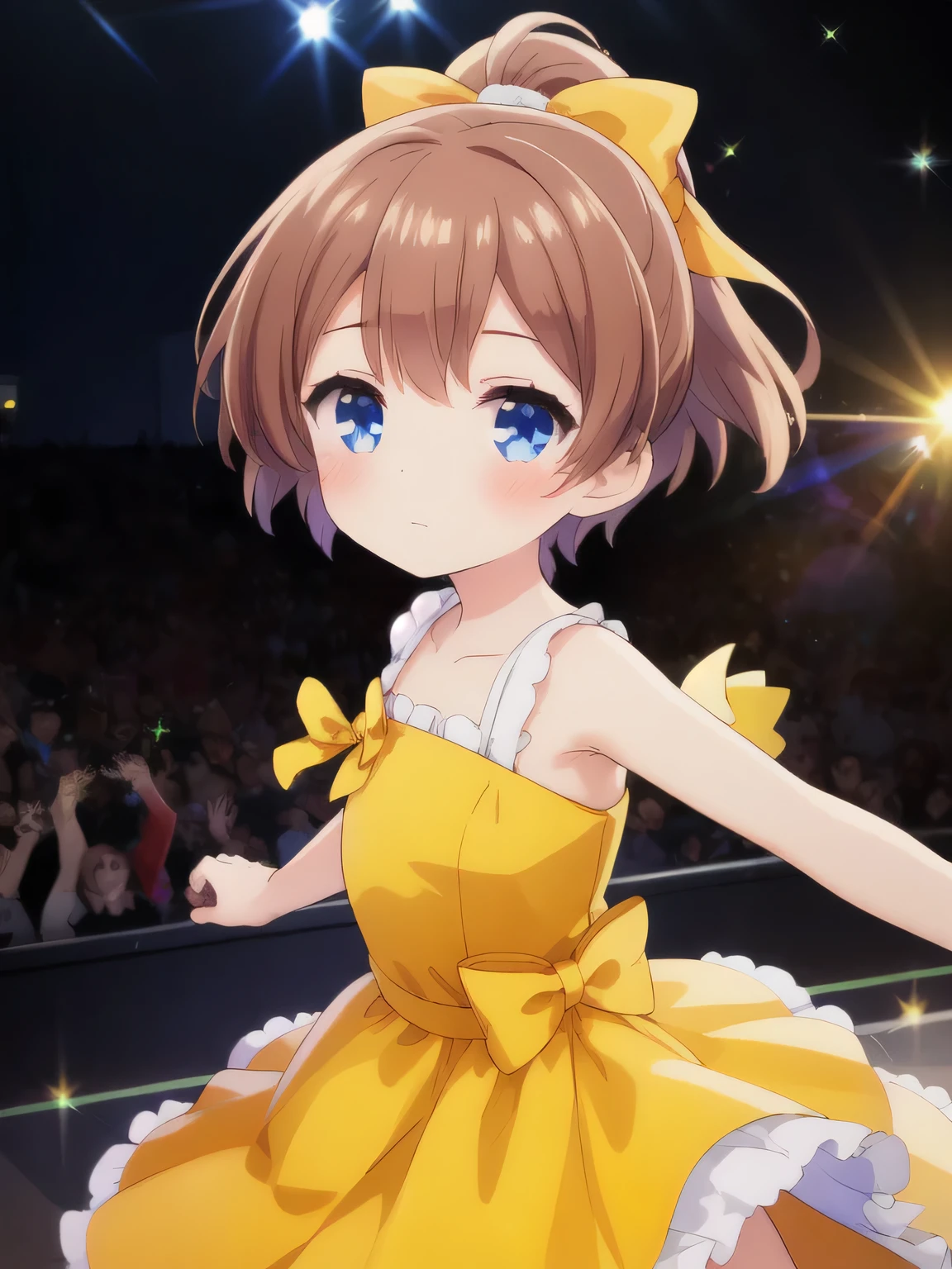 Highest quality, (masterpiece:1.2), Very detailed, (masterpiece), (figure),
Are standing, stage, on stage, stage lights, Neon Light, night, Upper Body, face, face focus,
Yellow Dress、
One girl, alone, Brown Hair, short hair, bow, Shine, bangs, hair bow, Lens flare, ponytail, blue eyes,Big eyes、Young、 Flat Chest,
 blush, (View your viewers)
