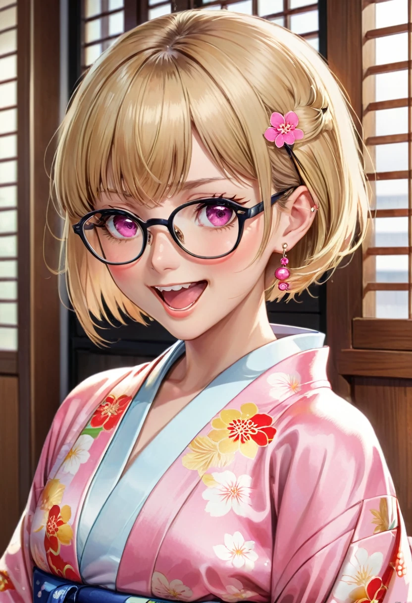 Solitary, Looking at the audience, Smile, short hair, open mouth, Bangs, Blonde hair, 1 boy, Jewelry, Upper Body, Male focus, earrings, Japanese clothes, Glasses, teeth, Tongue, indoors, Tongue out, Pink Eyes, kimono, punching, ear punching, portrait, Tongue punching, Shutters