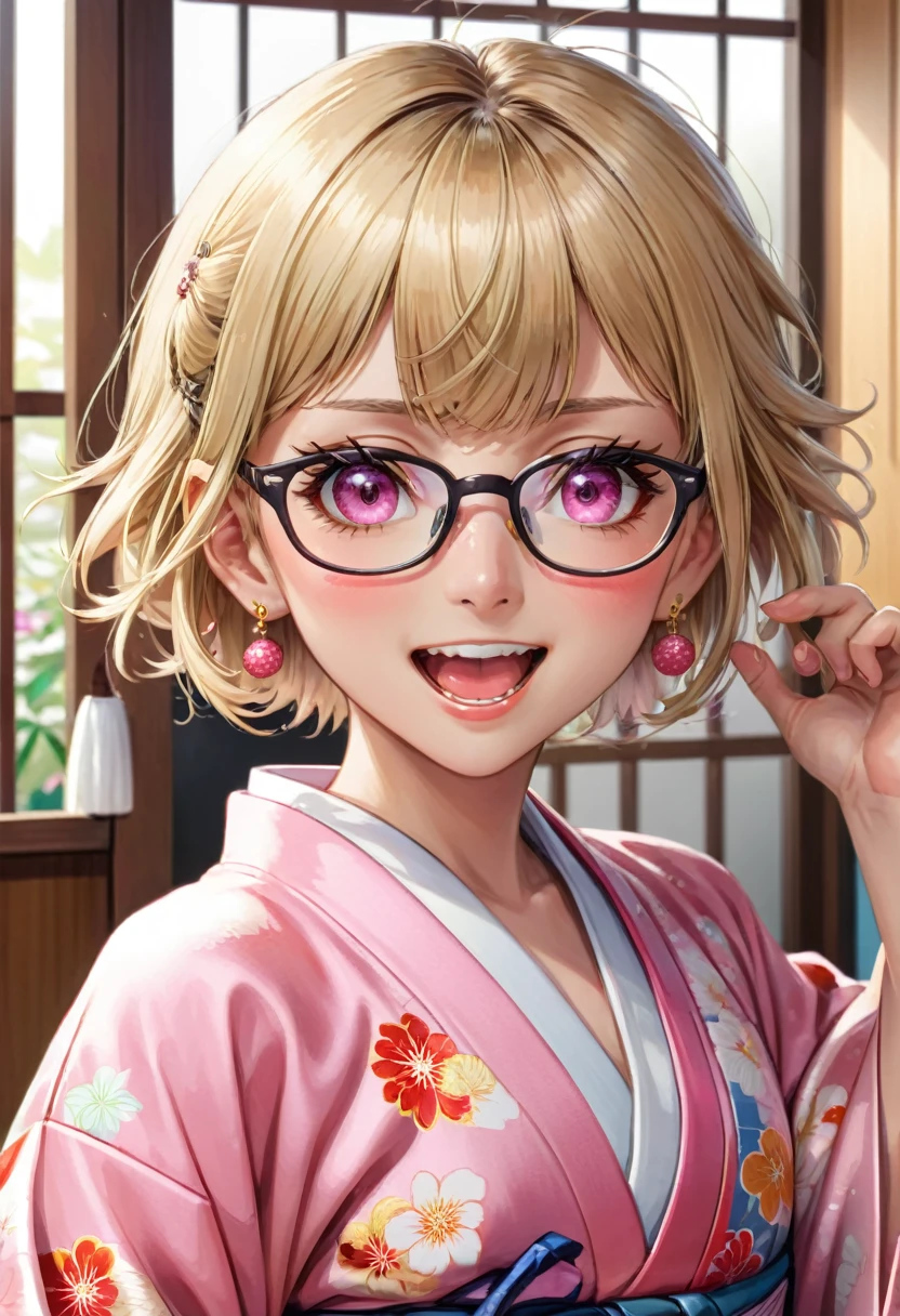 Solitary, Looking at the audience, Smile, short hair, open mouth, Bangs, Blonde hair, 1 boy, Jewelry, Upper Body, Male focus, earrings, Japanese clothes, Glasses, teeth, Tongue, indoors, Tongue out, Pink Eyes, kimono, punching, ear punching, portrait, Tongue punching, Shutters