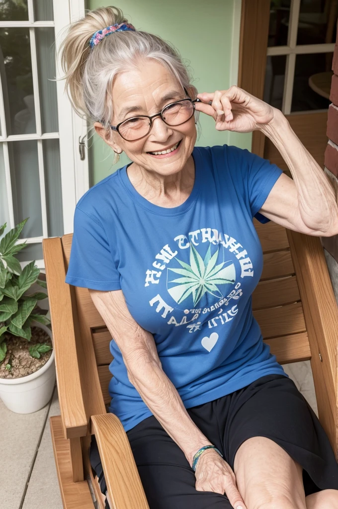 An elderly woman with glasses and hair tied in a ponytail with a huge smile on her human face, a marijuana joint with a t-shirt with a peace symbol exhaling heart smoke sitting in a rocking chair on a porch