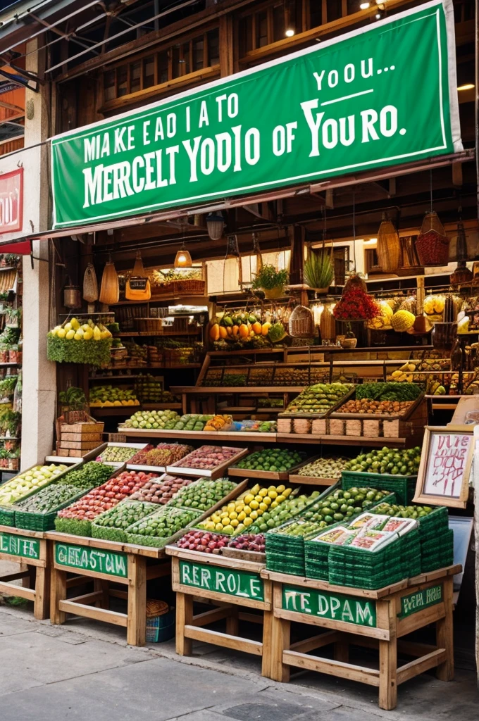 Make a market, from outside, let the store be seen , above it must have the name of "Mercadito your good friend" in green letters