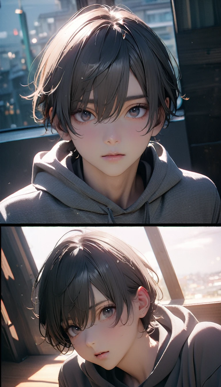 (8K, RAW photos, best quality, masterpiece: 1.4), (((Broken lens)))，Ultra-high resolution, Extremely detailed, light, Close-up of the shot, handsome boy, black eyes, (delicate eyes, Eyes are bright:1.2), Gray short hair, Fair skin,dark, Grey sweatshirt, sweatshirt with hood,(perfect anatomy:1.2), High-quality shadows, Natural Lighting, (White highlights:1.2), night, cloudy day, (at home:1.2), (The world is broken:1.2)