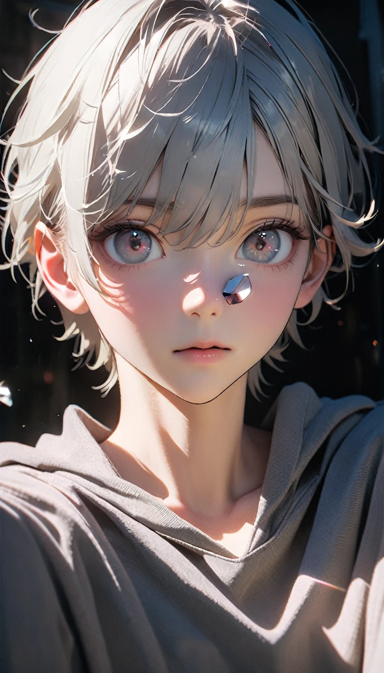 (8K, RAW photos, best quality, masterpiece: 1.4), (((Broken lens))),Ultra-high resolution, Extremely detailed, light, Close-up of the shot, handsome boy, black eyes, (delicate eyes, Eyes are bright:1.2), Gray short hair, Fair skin,dark, Grey sweatshirt, sweatshirt with hood,(perfect anatomy:1.2), High-quality shadows, Natural Lighting, (White highlights:1.2), night, cloudy day, (at home:1.2), (The world is broken:1.2)